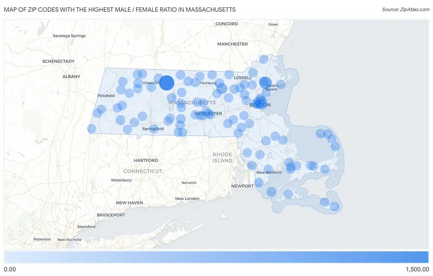 Zip Codes with the Highest Male / Female Ratio in Massachusetts Map