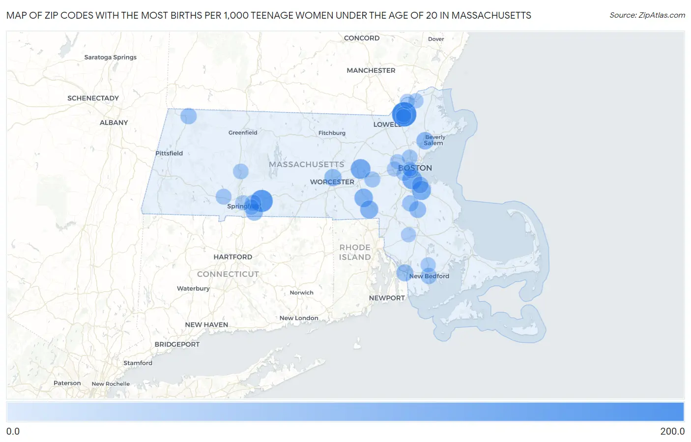 Zip Codes with the Most Births per 1,000 Teenage Women Under the Age of 20 in Massachusetts Map
