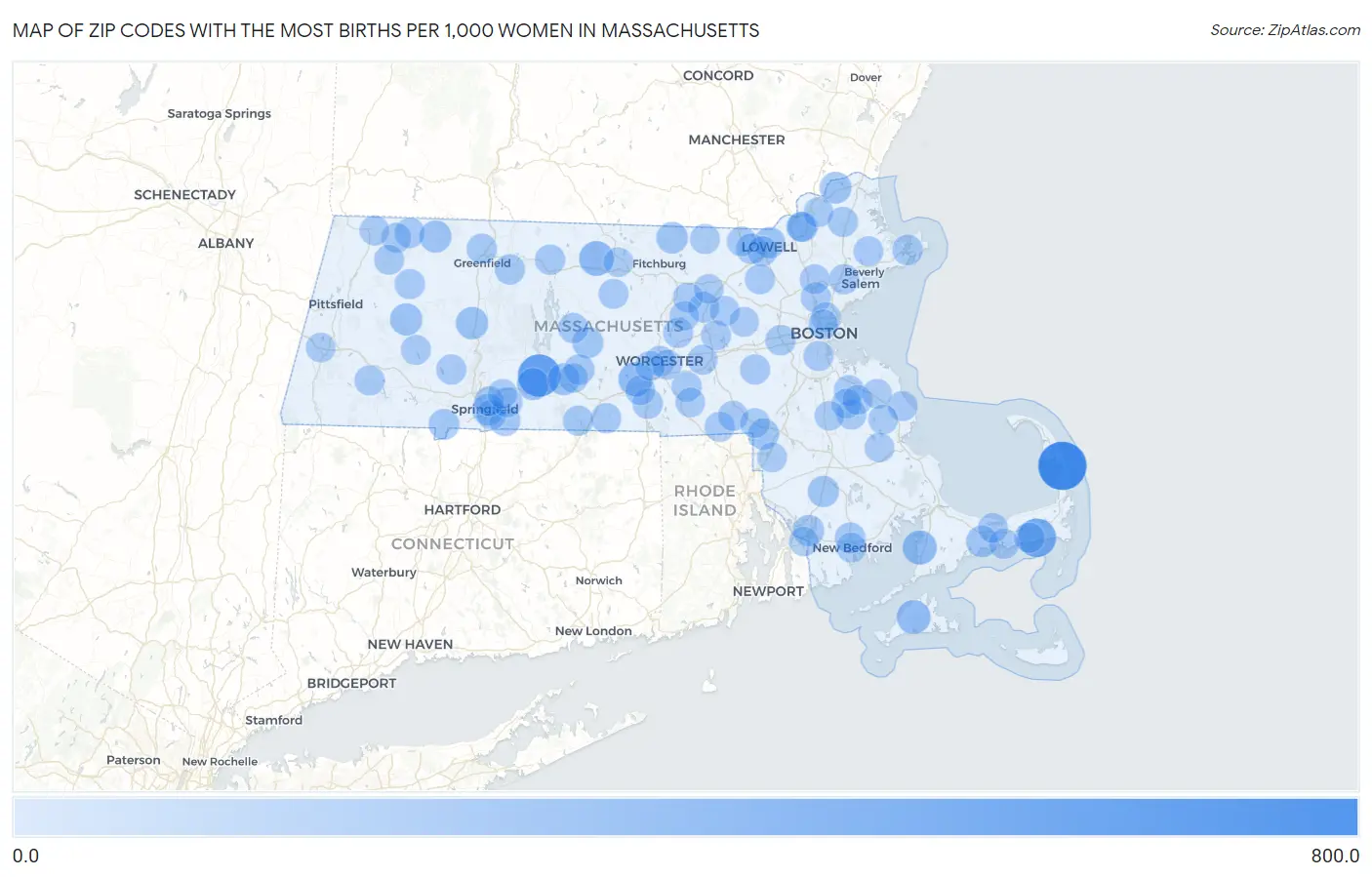 Zip Codes with the Most Births per 1,000 Women in Massachusetts Map