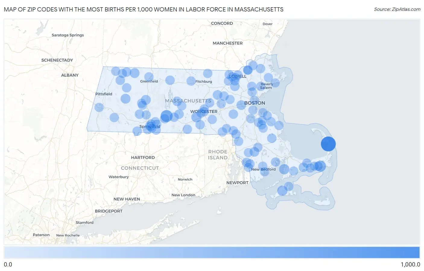 Zip Codes with the Most Births per 1,000 Women in Labor Force in Massachusetts Map