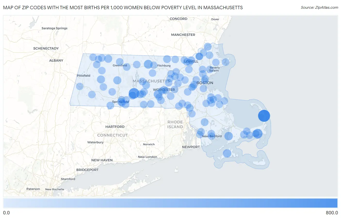 Zip Codes with the Most Births per 1,000 Women Below Poverty Level in Massachusetts Map