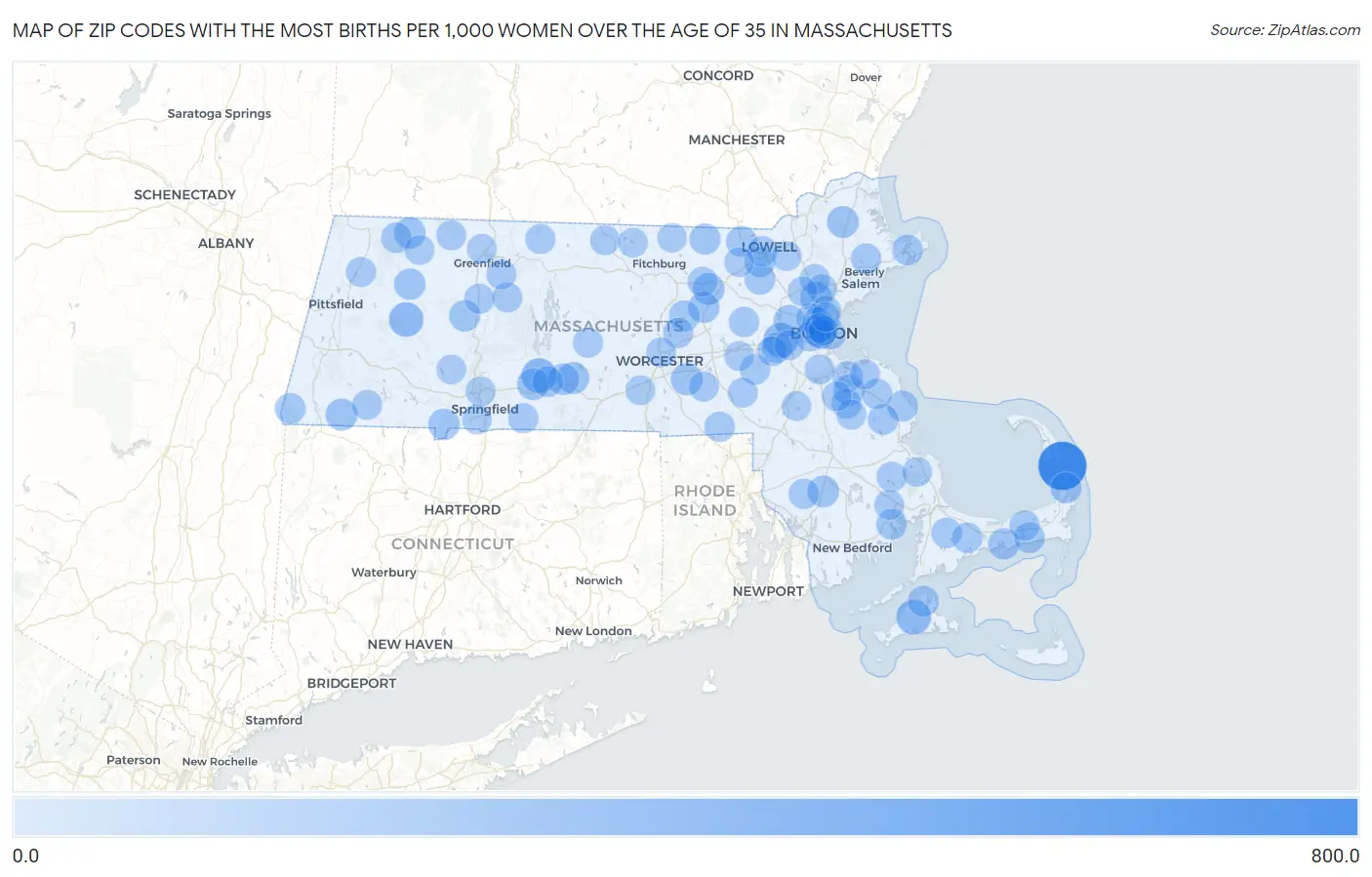 Zip Codes with the Most Births per 1,000 Women Over the Age of 35 in Massachusetts Map