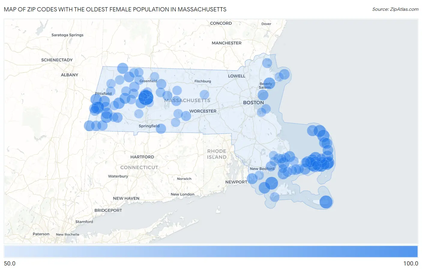 Zip Codes with the Oldest Female Population in Massachusetts Map