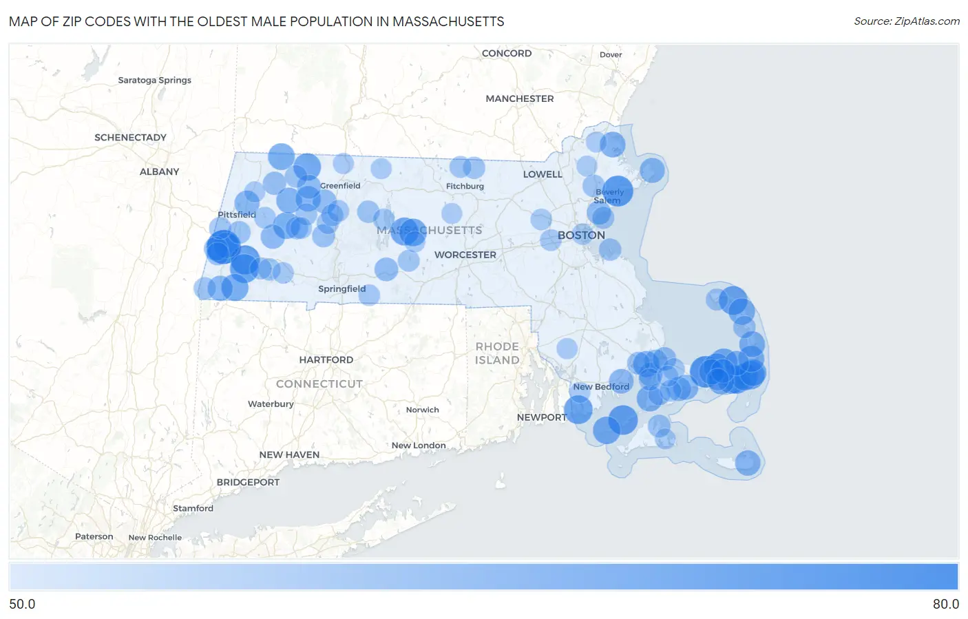 Zip Codes with the Oldest Male Population in Massachusetts Map