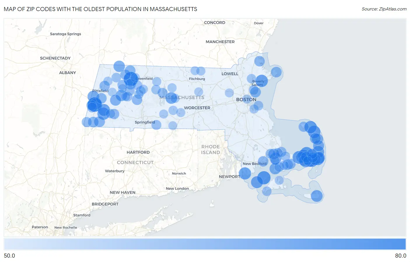 Zip Codes with the Oldest Population in Massachusetts Map