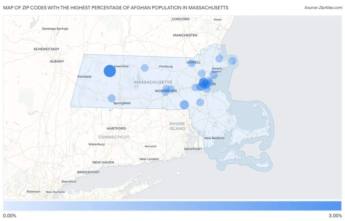 Zip Codes with the Highest Percentage of Afghan Population in Massachusetts Map