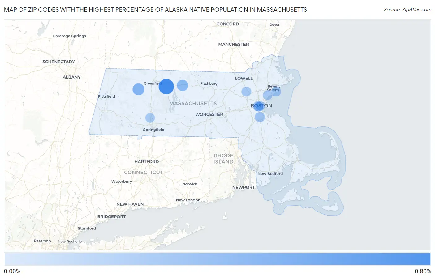 Zip Codes with the Highest Percentage of Alaska Native Population in Massachusetts Map