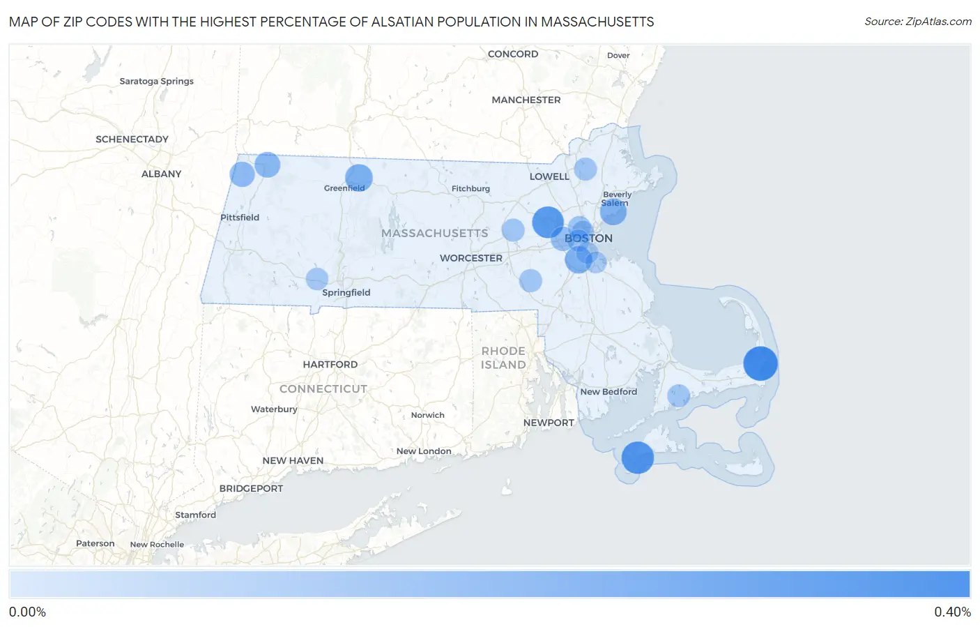 Zip Codes with the Highest Percentage of Alsatian Population in Massachusetts Map