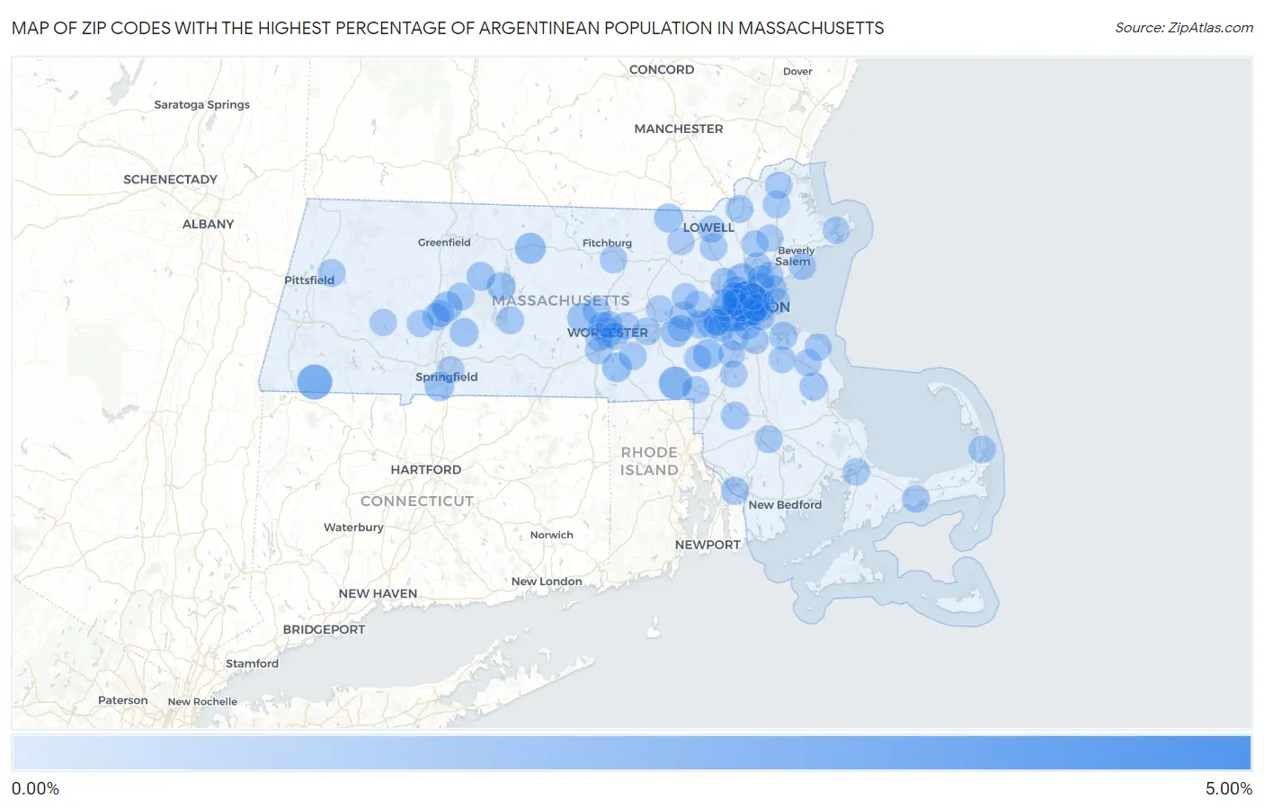 Zip Codes with the Highest Percentage of Argentinean Population in Massachusetts Map