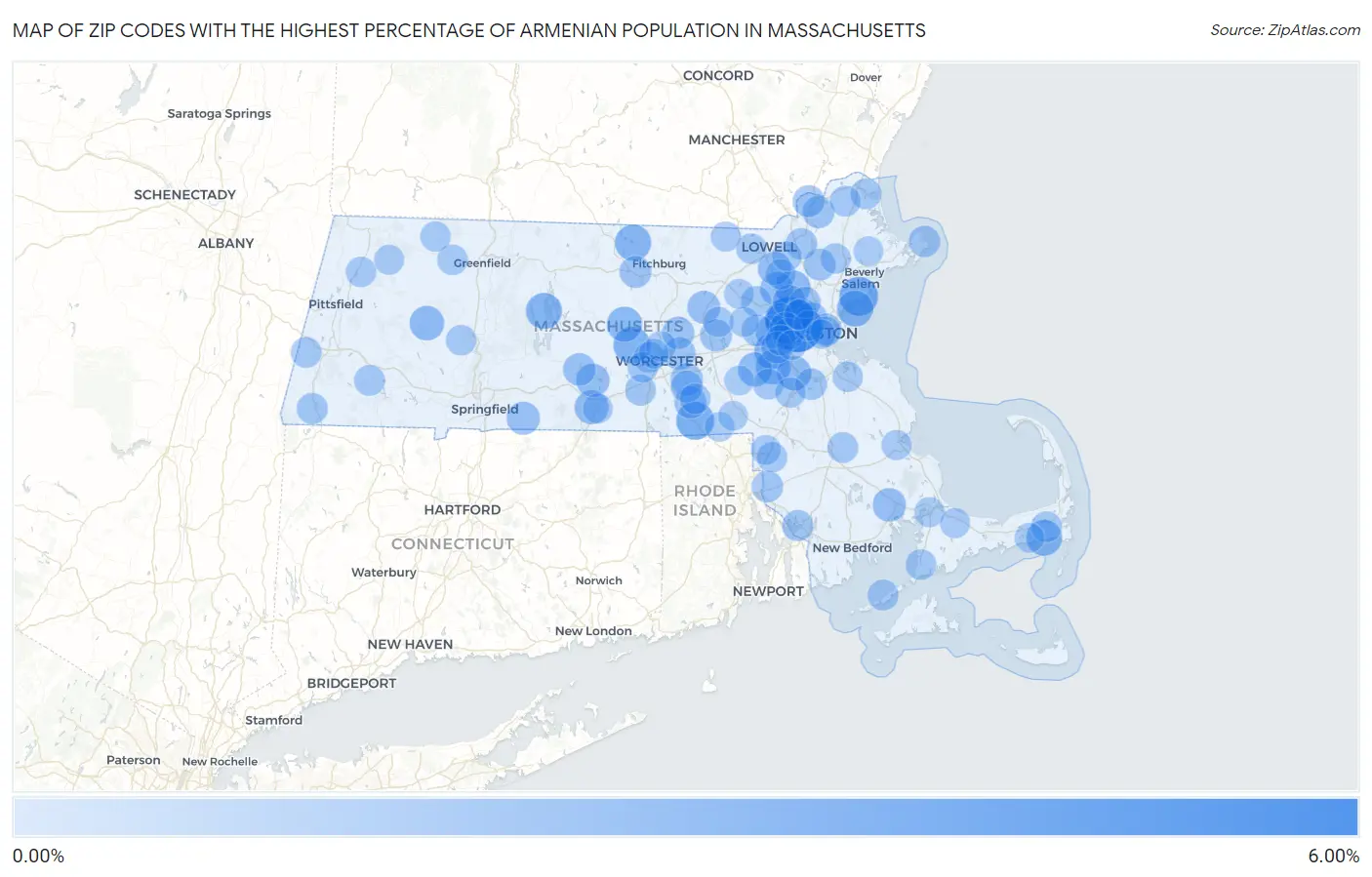 Zip Codes with the Highest Percentage of Armenian Population in Massachusetts Map