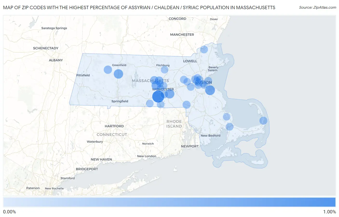 Zip Codes with the Highest Percentage of Assyrian / Chaldean / Syriac Population in Massachusetts Map