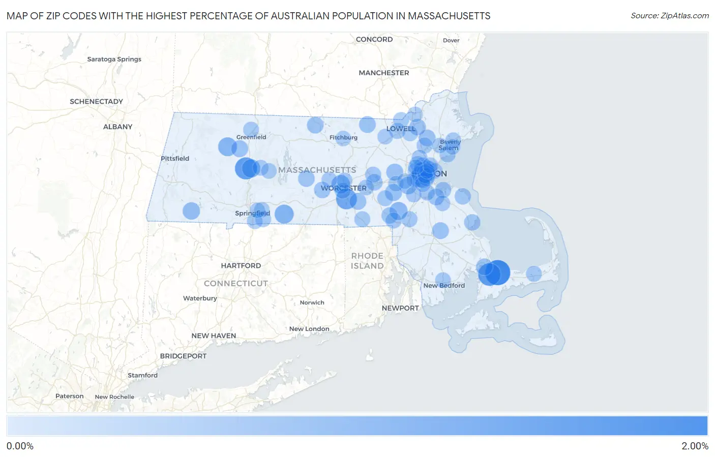 Zip Codes with the Highest Percentage of Australian Population in Massachusetts Map