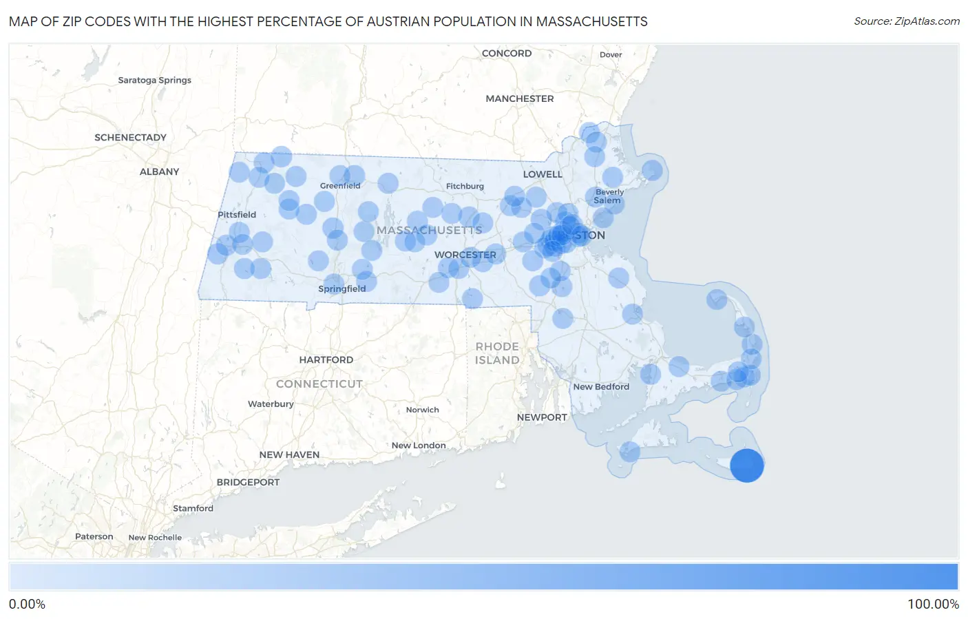 Zip Codes with the Highest Percentage of Austrian Population in Massachusetts Map