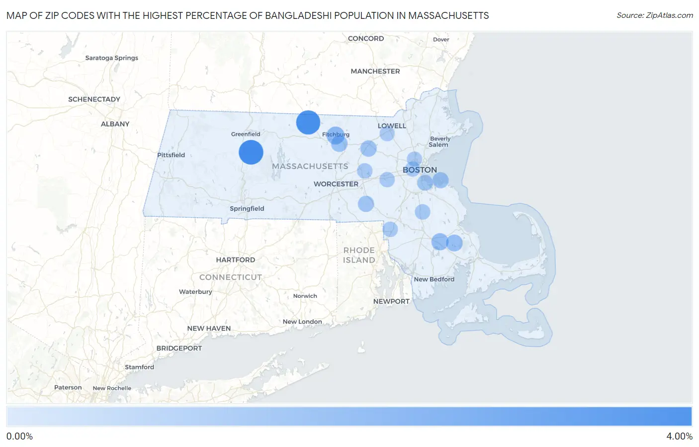 Zip Codes with the Highest Percentage of Bangladeshi Population in Massachusetts Map