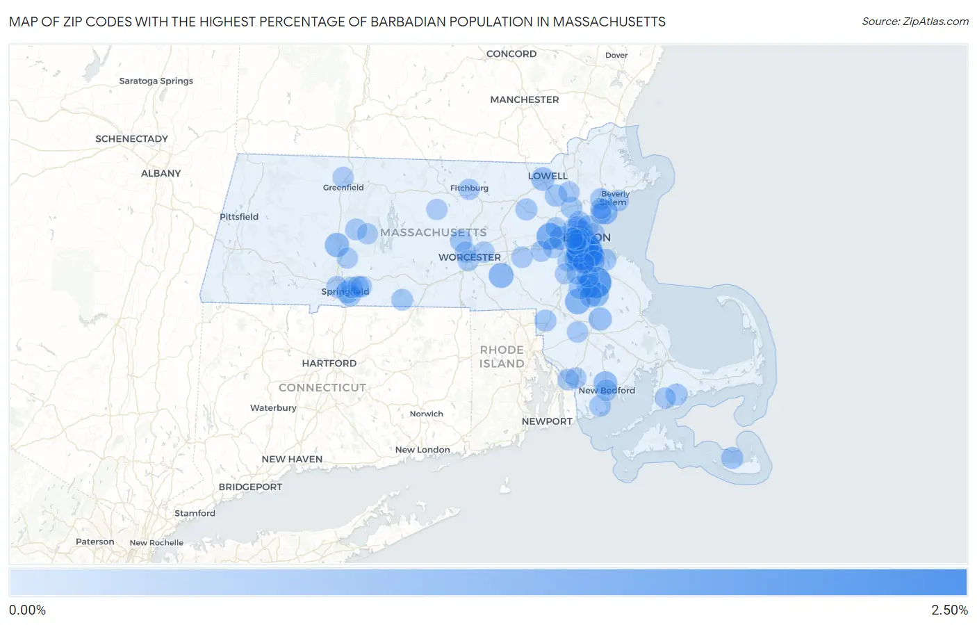 Zip Codes with the Highest Percentage of Barbadian Population in Massachusetts Map