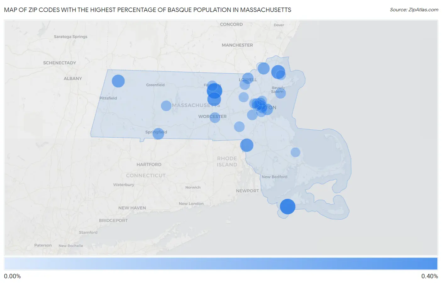 Zip Codes with the Highest Percentage of Basque Population in Massachusetts Map