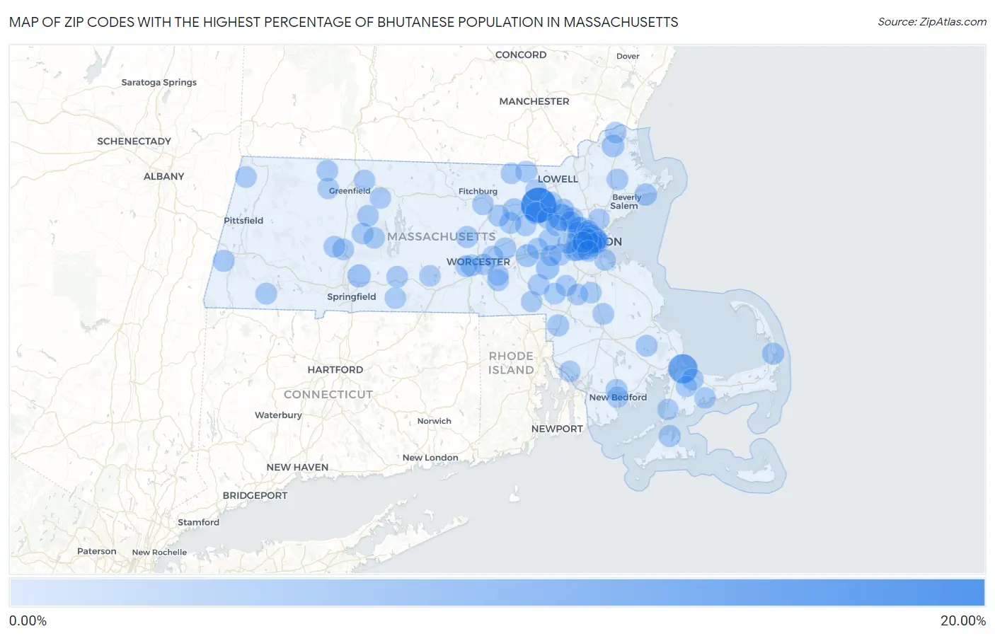 Zip Codes with the Highest Percentage of Bhutanese Population in Massachusetts Map