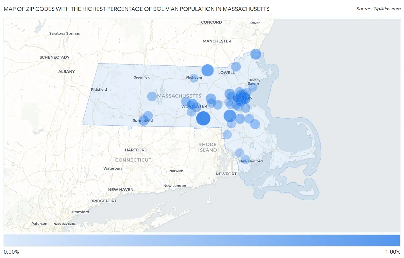Zip Codes with the Highest Percentage of Bolivian Population in Massachusetts Map