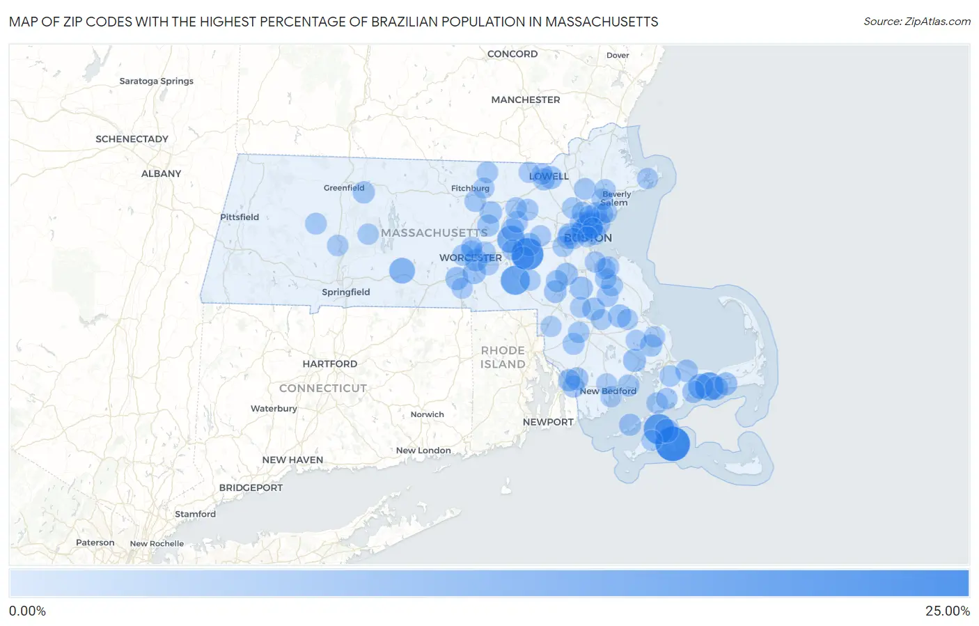 Zip Codes with the Highest Percentage of Brazilian Population in Massachusetts Map