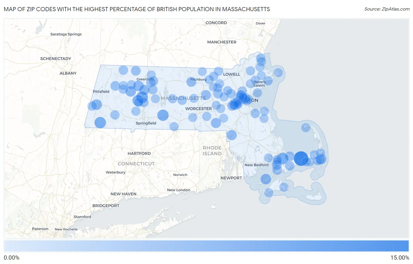 Zip Codes with the Highest Percentage of British Population in Massachusetts Map