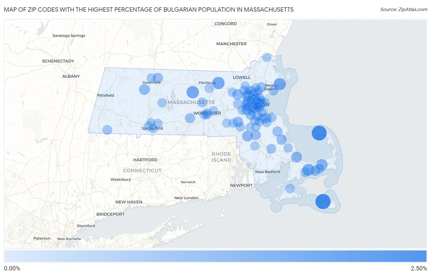 Zip Codes with the Highest Percentage of Bulgarian Population in Massachusetts Map