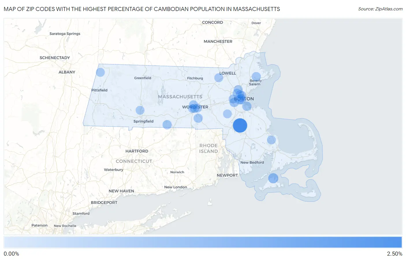 Zip Codes with the Highest Percentage of Cambodian Population in Massachusetts Map