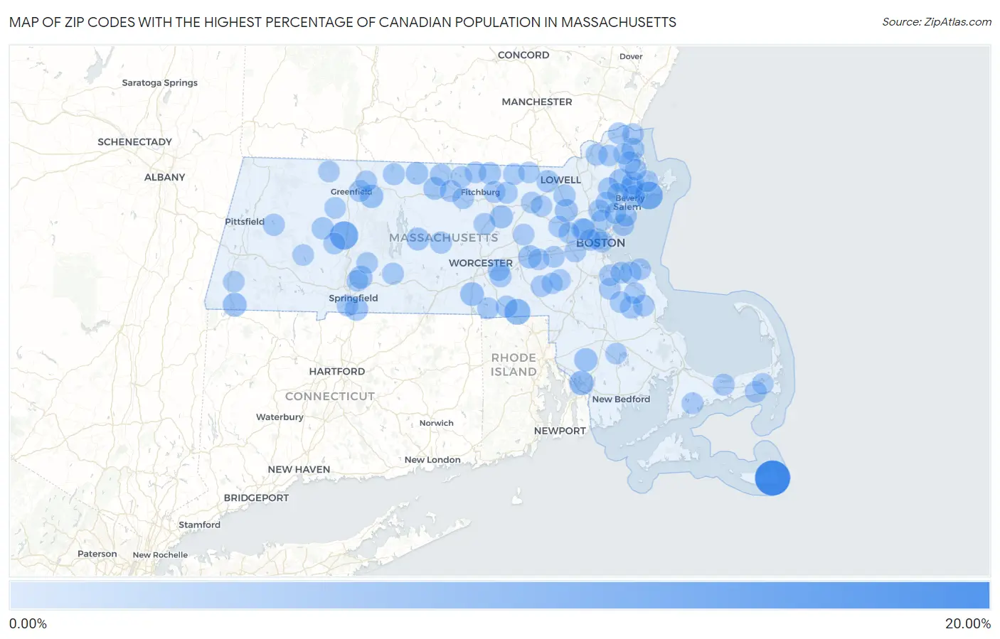 Zip Codes with the Highest Percentage of Canadian Population in Massachusetts Map