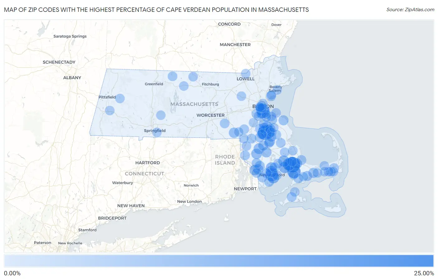 Zip Codes with the Highest Percentage of Cape Verdean Population in Massachusetts Map