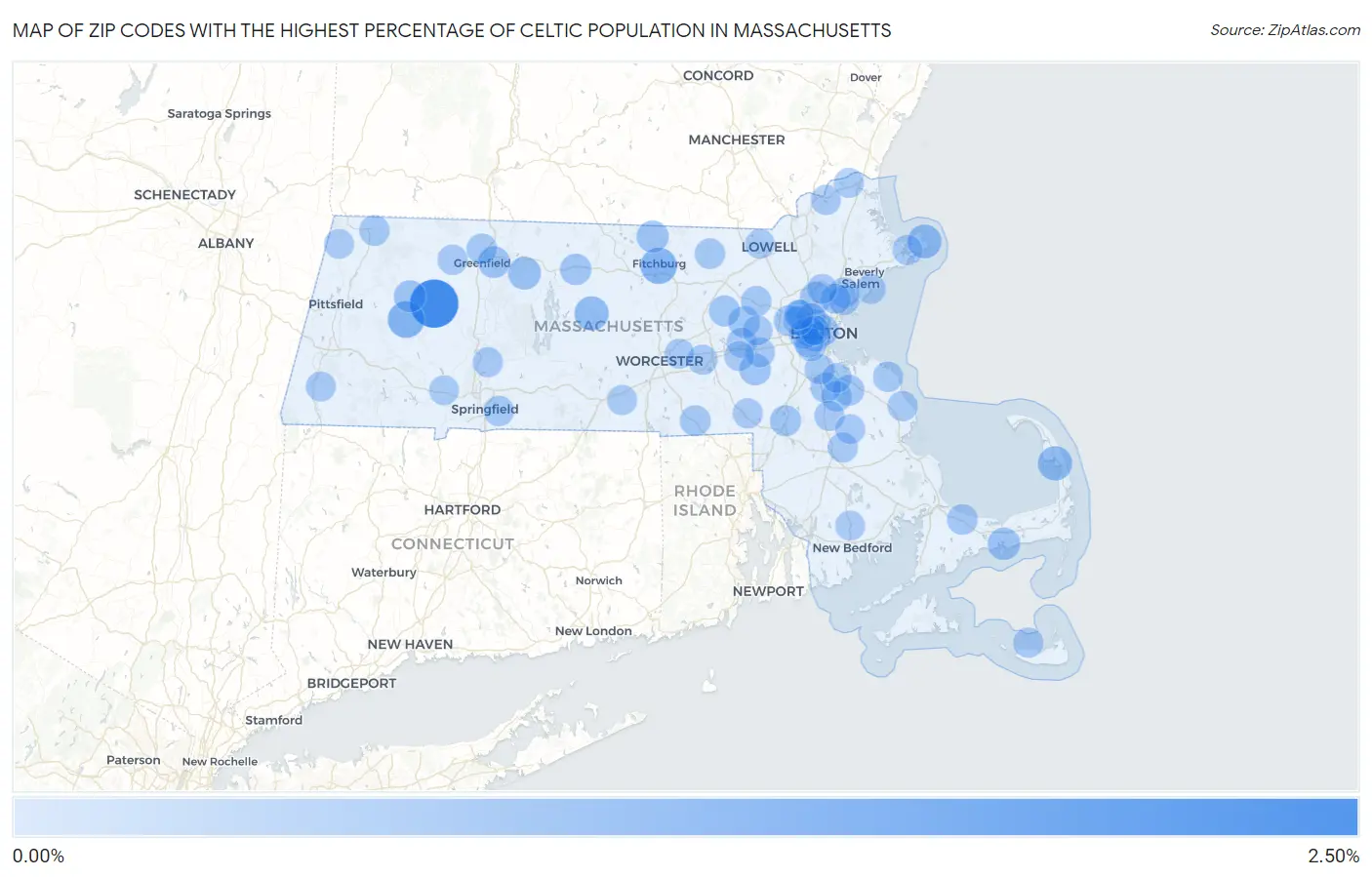 Zip Codes with the Highest Percentage of Celtic Population in Massachusetts Map