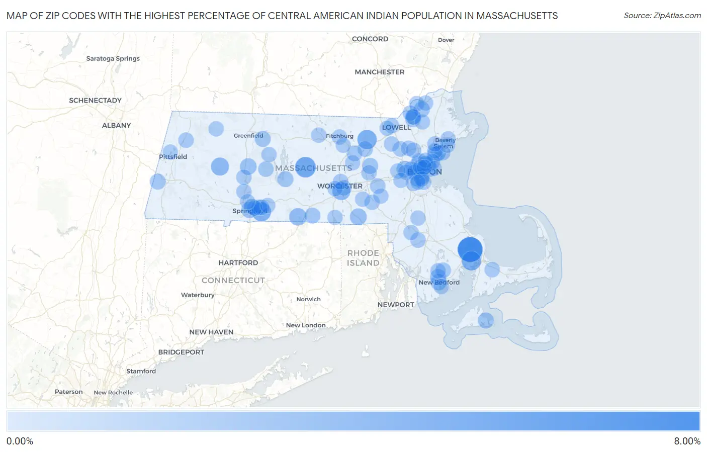 Zip Codes with the Highest Percentage of Central American Indian Population in Massachusetts Map