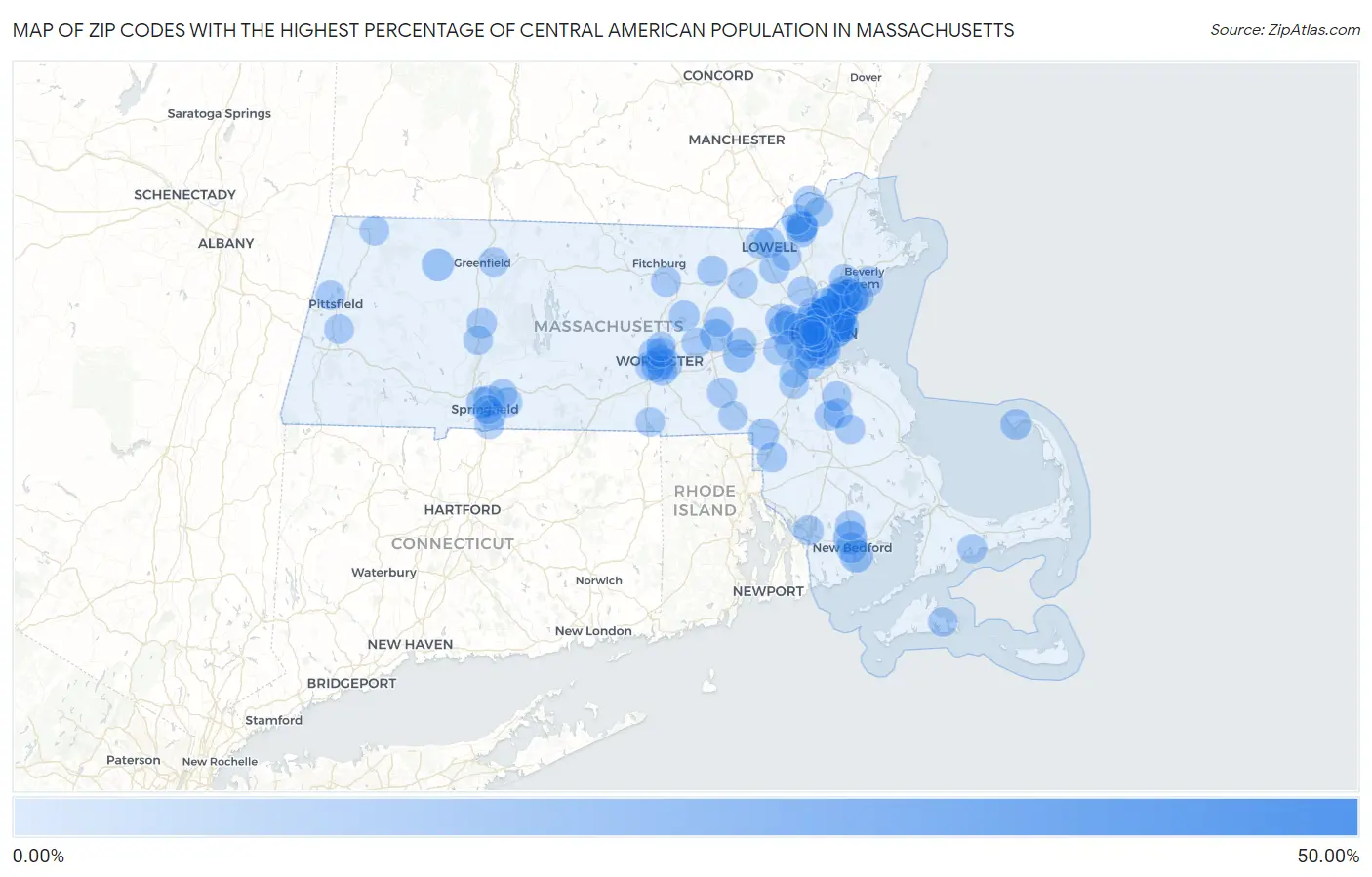 Zip Codes with the Highest Percentage of Central American Population in Massachusetts Map
