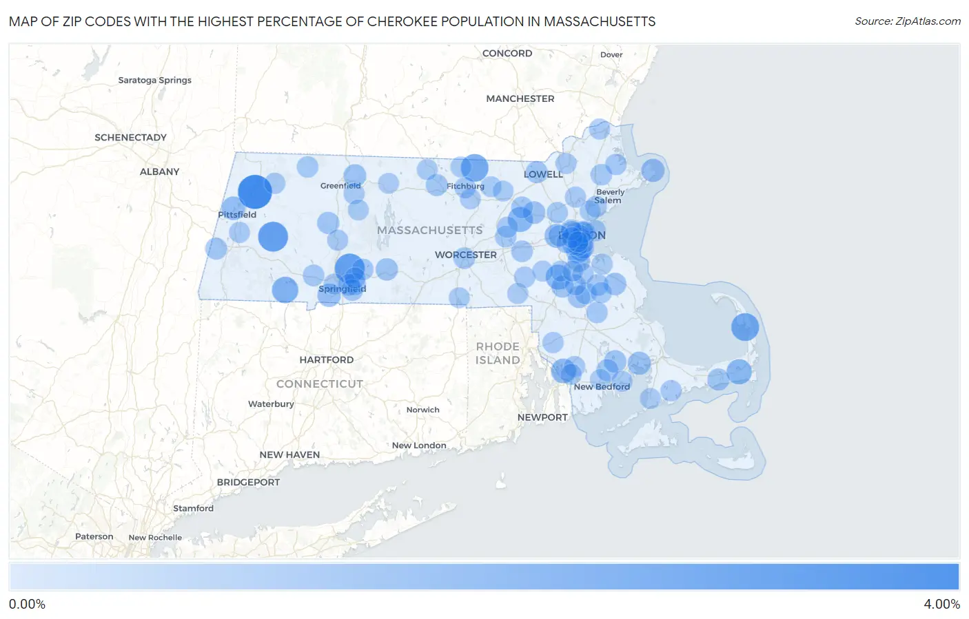 Zip Codes with the Highest Percentage of Cherokee Population in Massachusetts Map