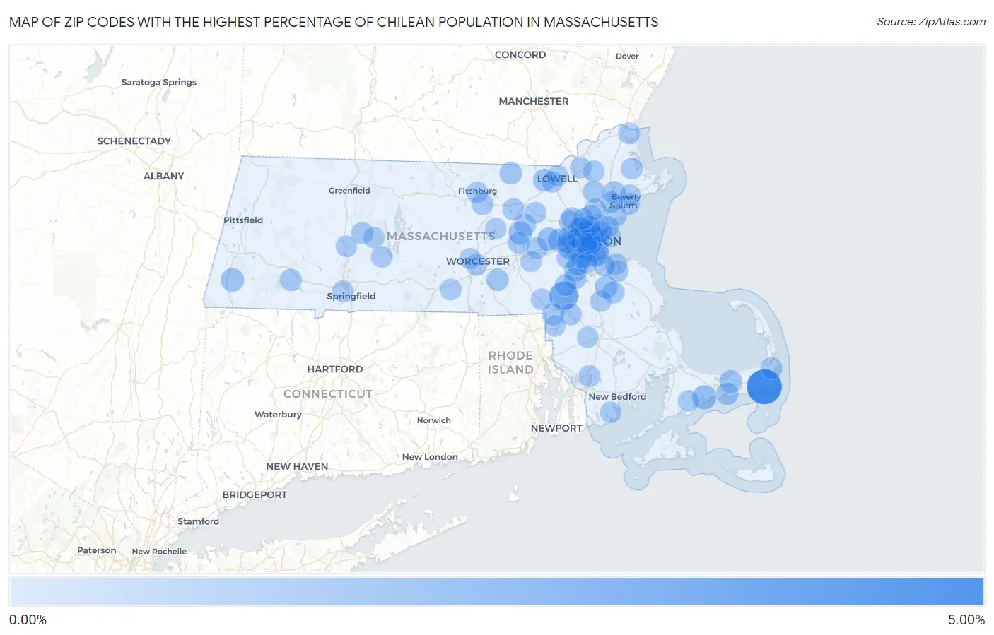 Zip Codes with the Highest Percentage of Chilean Population in Massachusetts Map