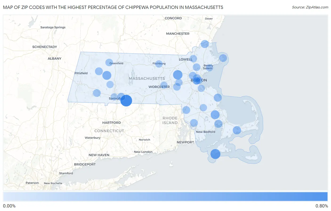 Zip Codes with the Highest Percentage of Chippewa Population in Massachusetts Map