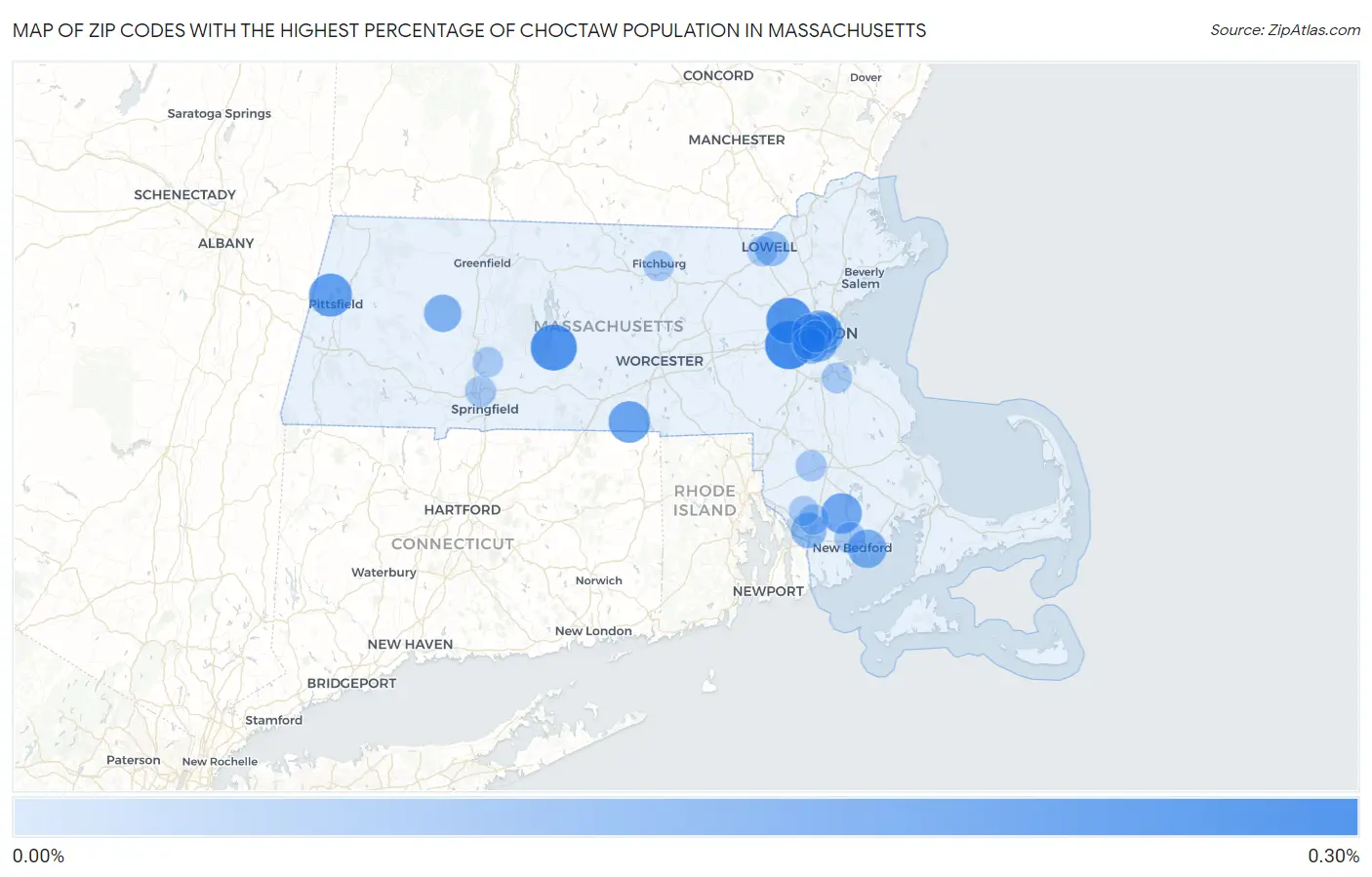 Zip Codes with the Highest Percentage of Choctaw Population in Massachusetts Map