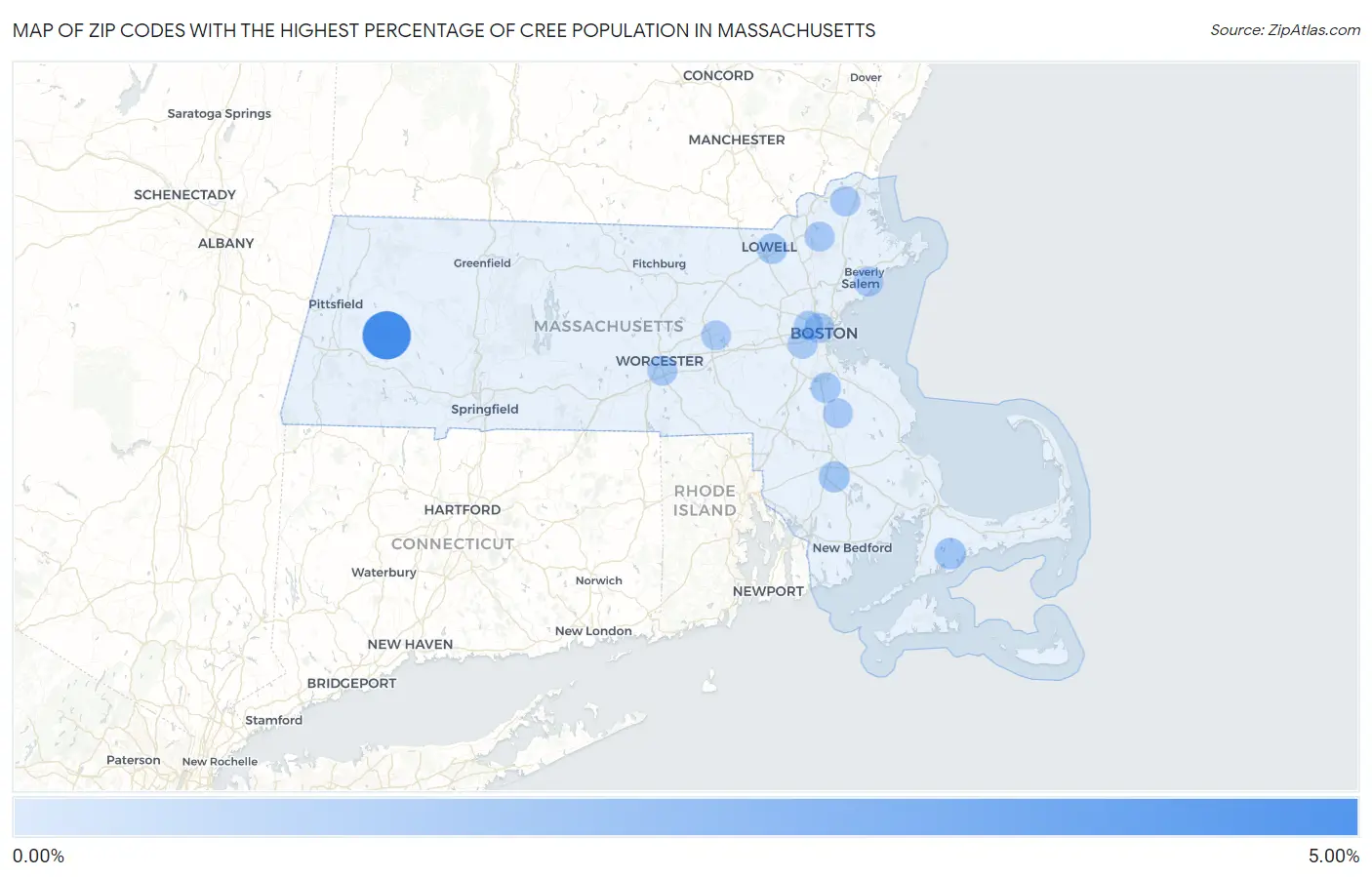 Zip Codes with the Highest Percentage of Cree Population in Massachusetts Map