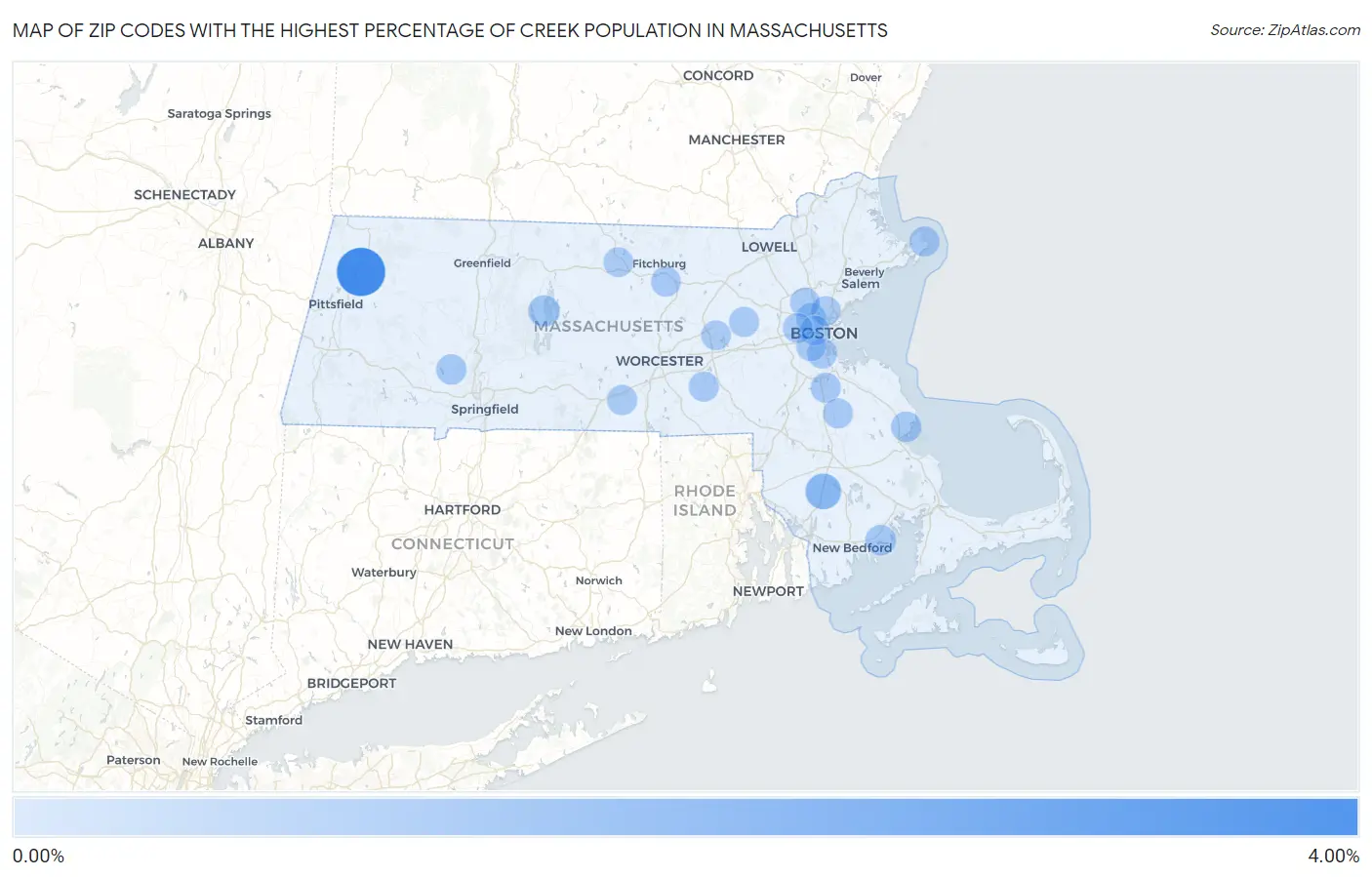 Zip Codes with the Highest Percentage of Creek Population in Massachusetts Map