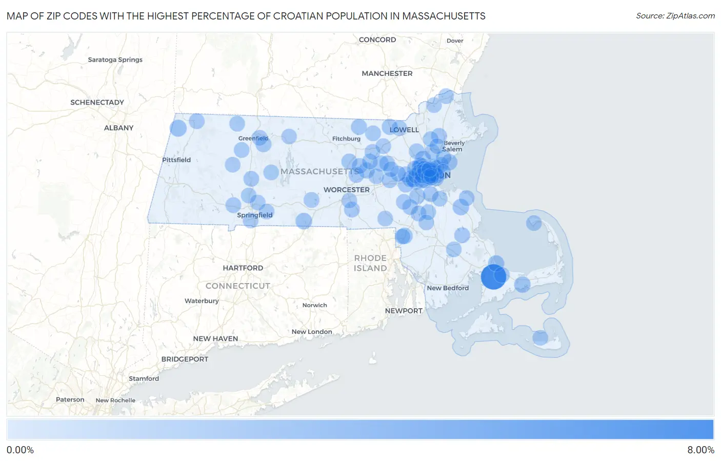 Zip Codes with the Highest Percentage of Croatian Population in Massachusetts Map