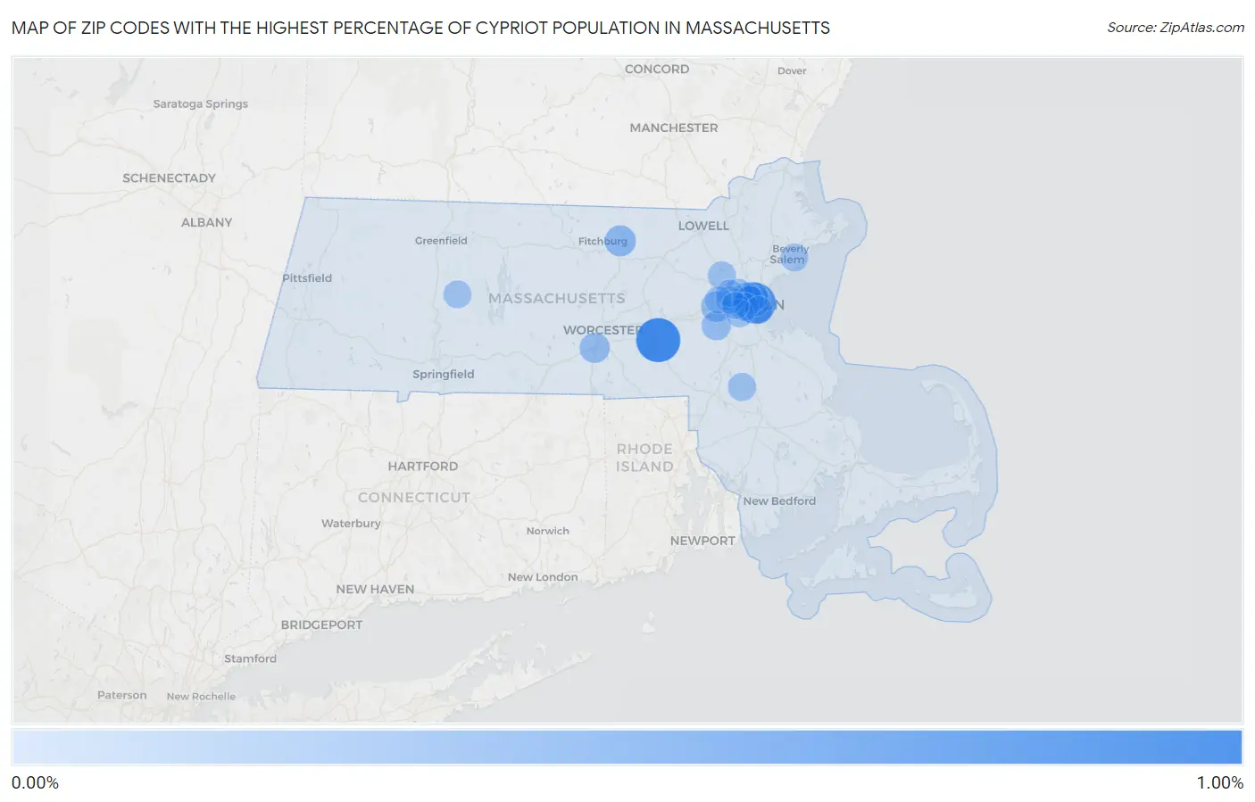Zip Codes with the Highest Percentage of Cypriot Population in Massachusetts Map