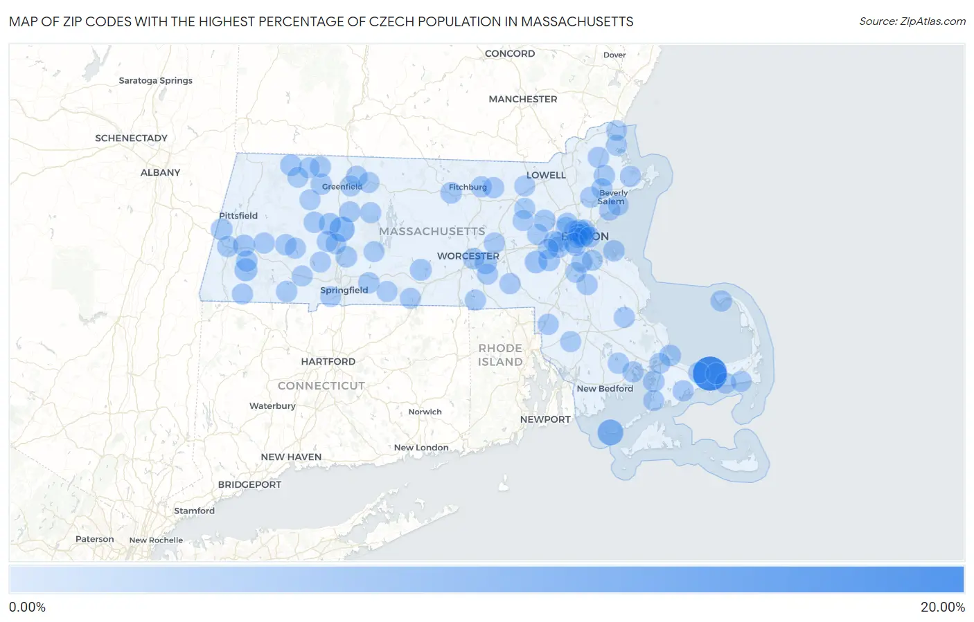 Zip Codes with the Highest Percentage of Czech Population in Massachusetts Map