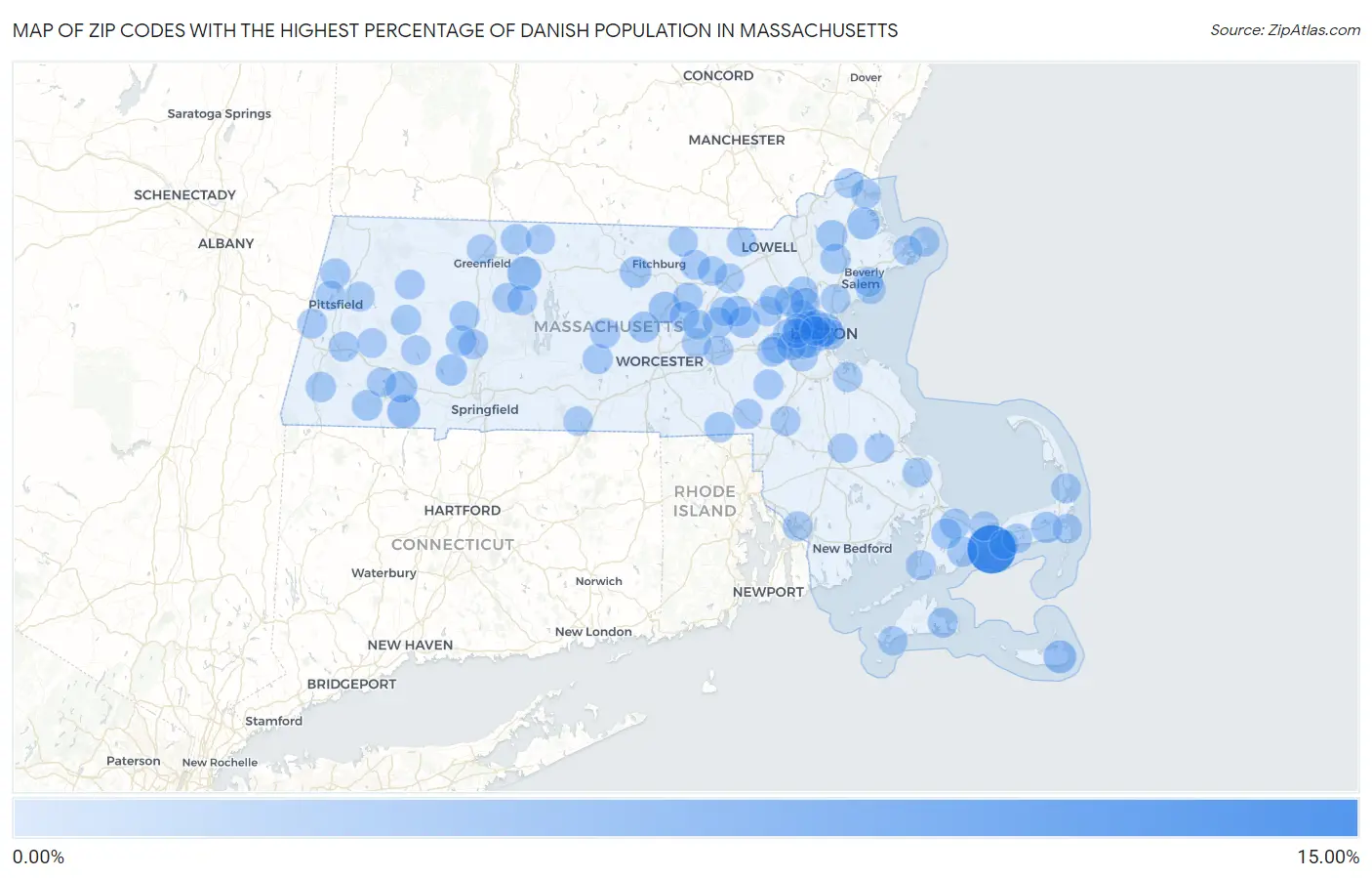 Zip Codes with the Highest Percentage of Danish Population in Massachusetts Map