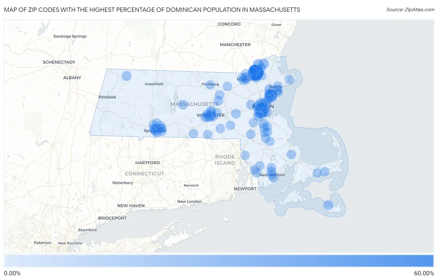 Zip Codes with the Highest Percentage of Dominican Population in Massachusetts Map
