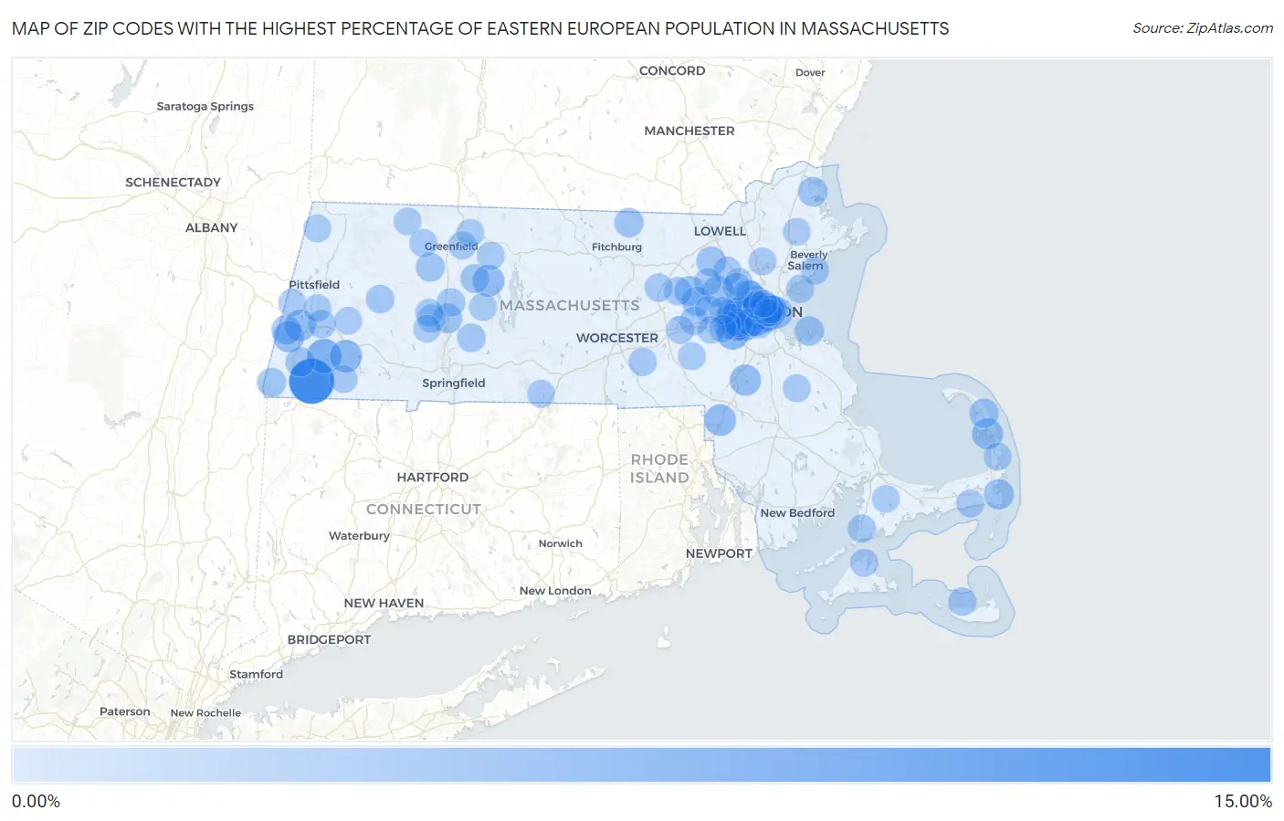 Zip Codes with the Highest Percentage of Eastern European Population in Massachusetts Map