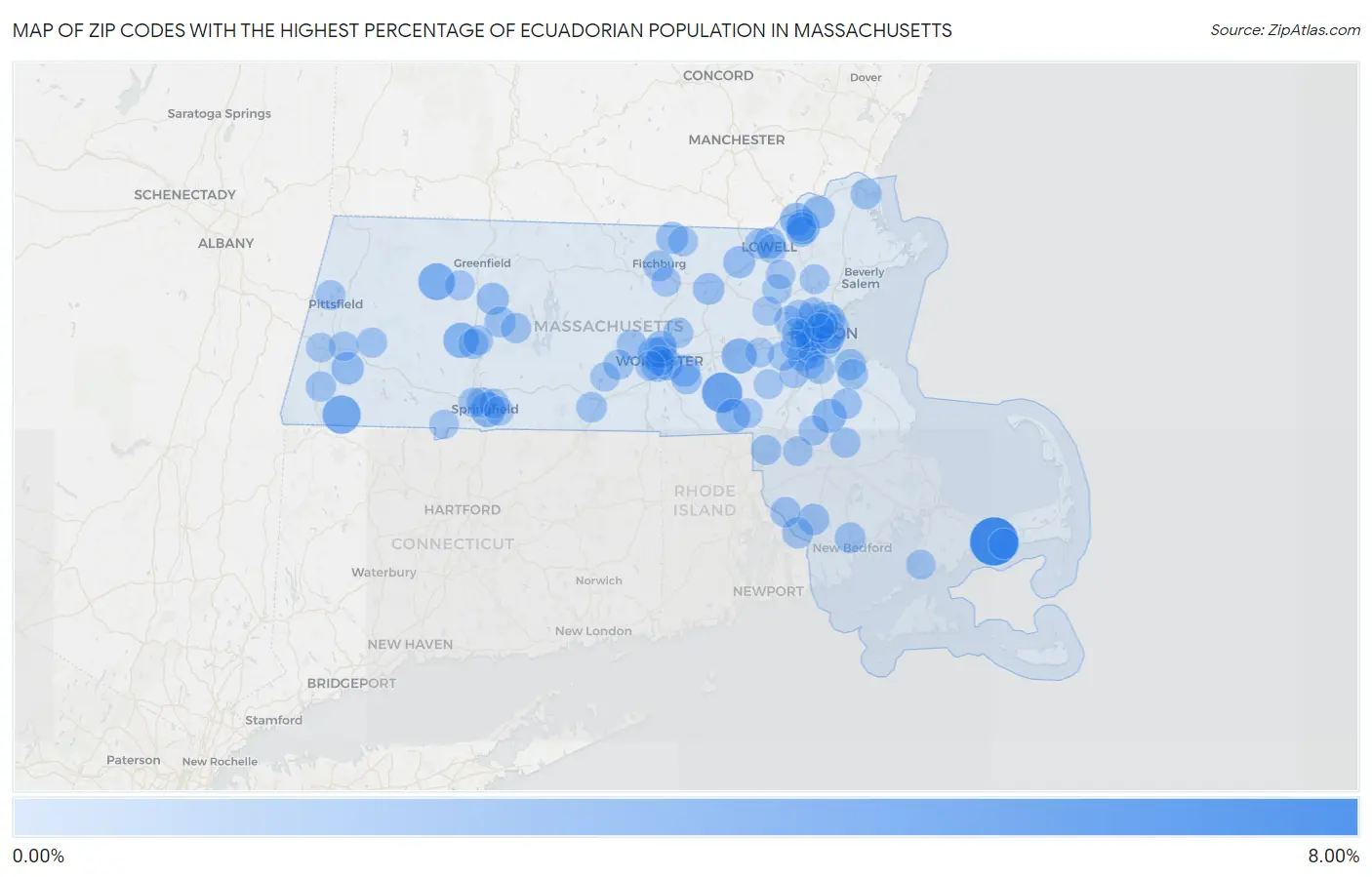 Zip Codes with the Highest Percentage of Ecuadorian Population in Massachusetts Map