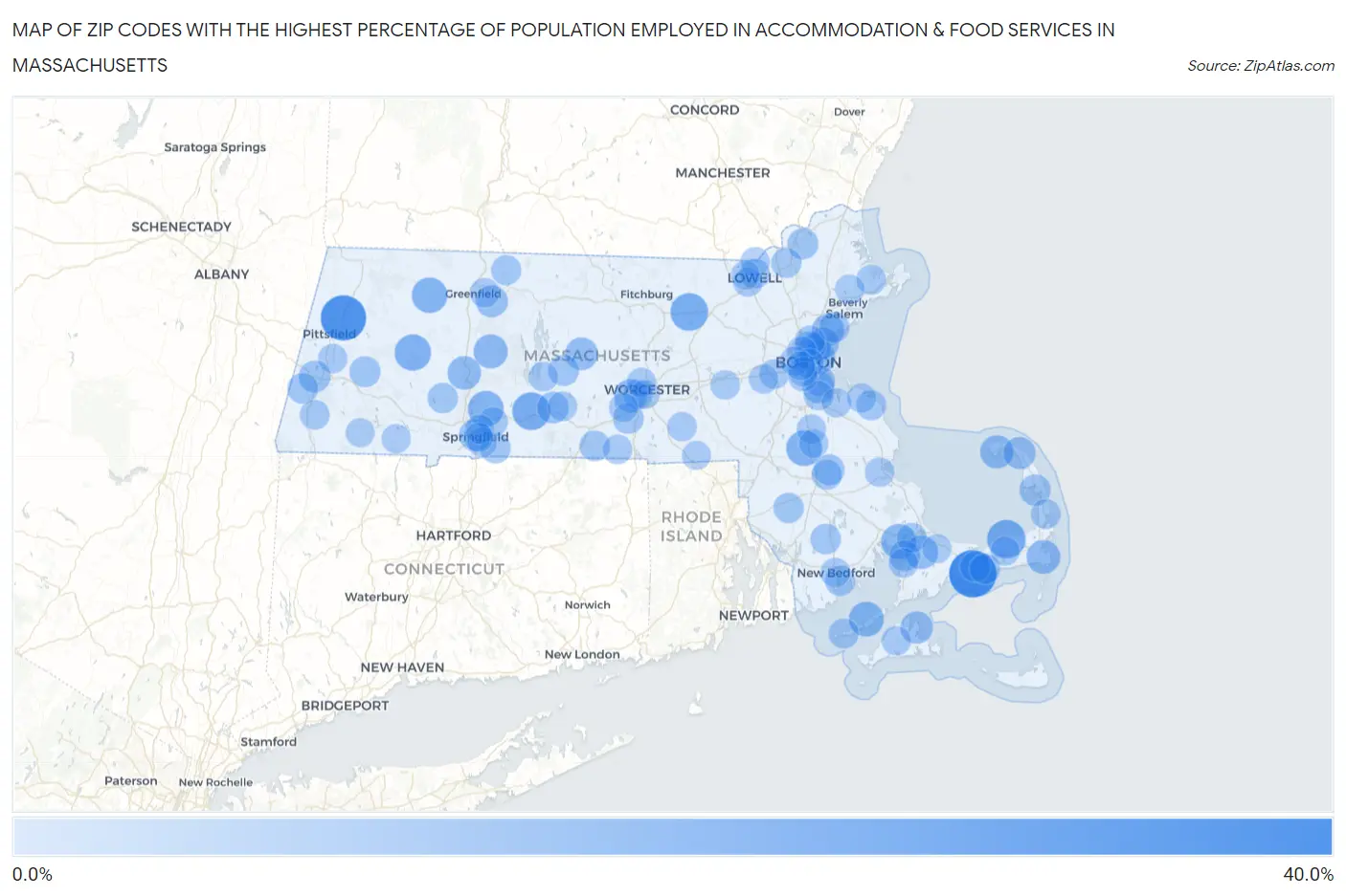 Zip Codes with the Highest Percentage of Population Employed in Accommodation & Food Services in Massachusetts Map