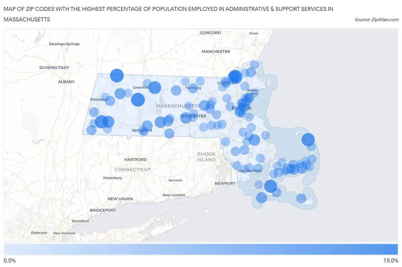 Zip Codes with the Highest Percentage of Population Employed in Administrative & Support Services in Massachusetts Map