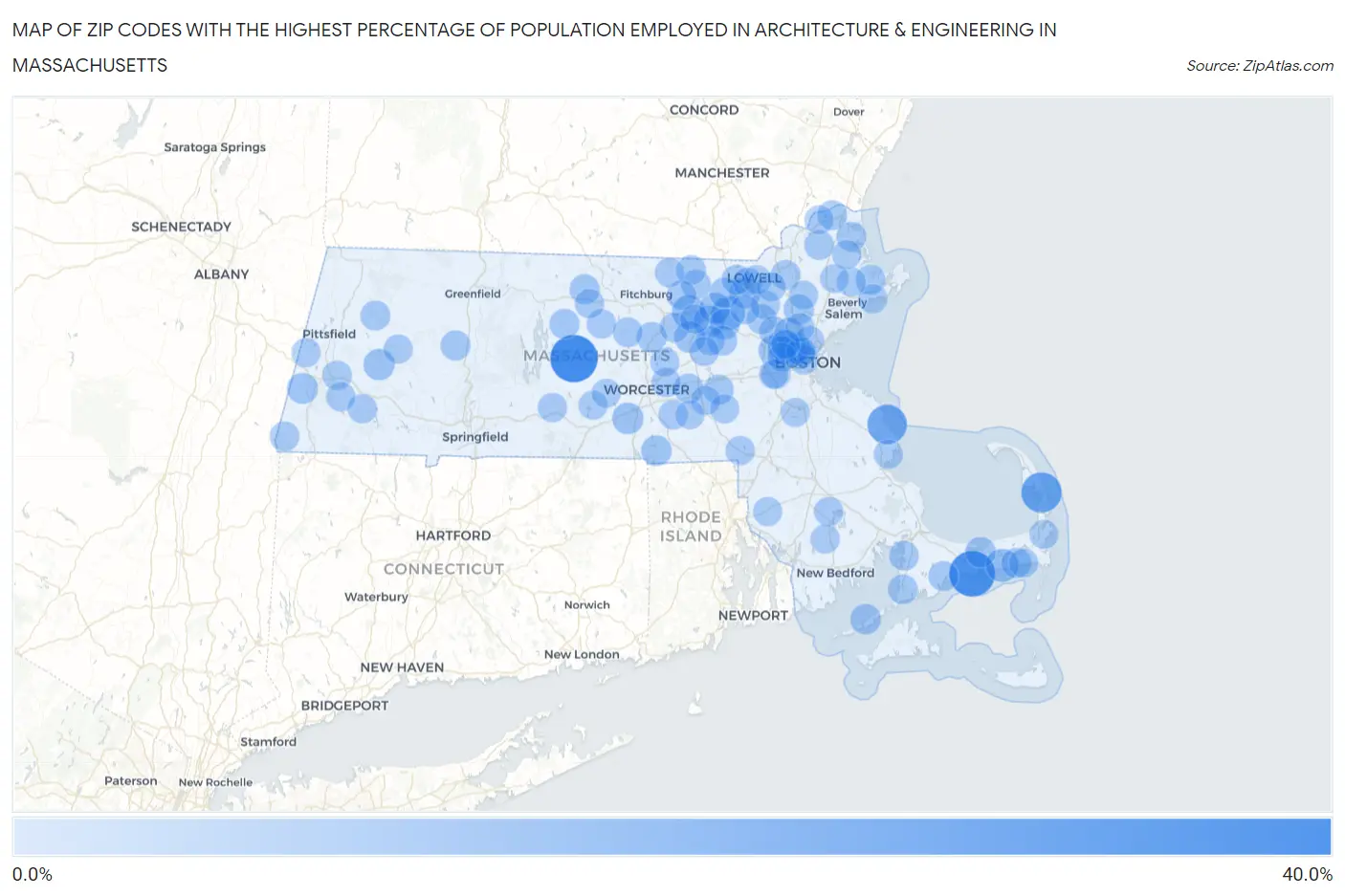 Zip Codes with the Highest Percentage of Population Employed in Architecture & Engineering in Massachusetts Map