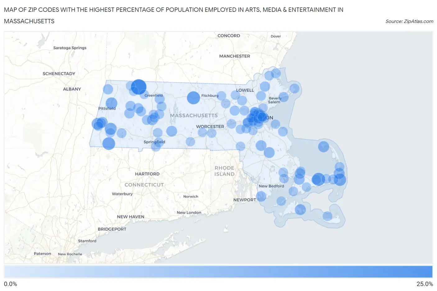 Zip Codes with the Highest Percentage of Population Employed in Arts, Media & Entertainment in Massachusetts Map