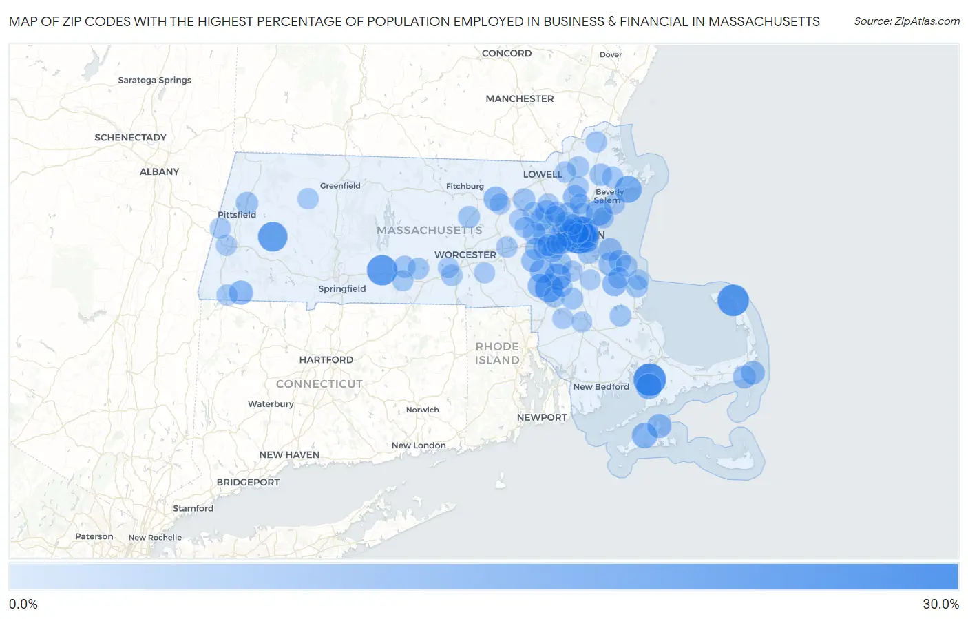 Zip Codes with the Highest Percentage of Population Employed in Business & Financial in Massachusetts Map