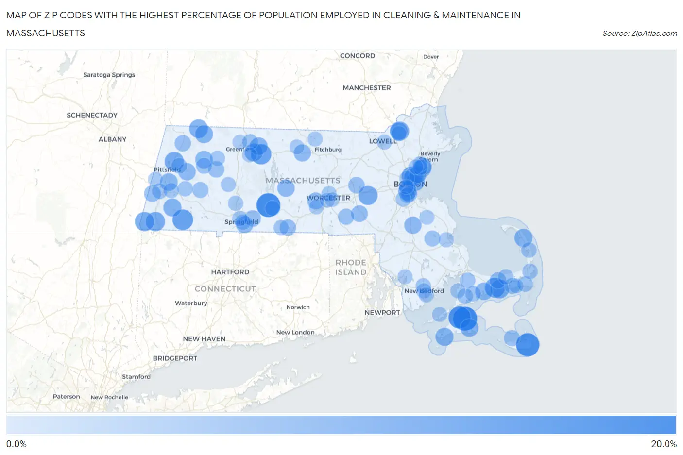 Zip Codes with the Highest Percentage of Population Employed in Cleaning & Maintenance in Massachusetts Map